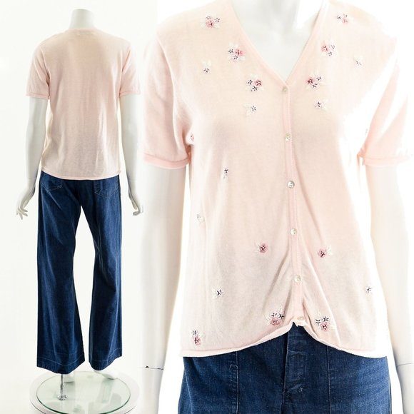 Pink Knit Sweater,Baby Pink Cardigan,Floral Short Sleeve Sweater,Vintage Sprint - Picture 2 of 10
